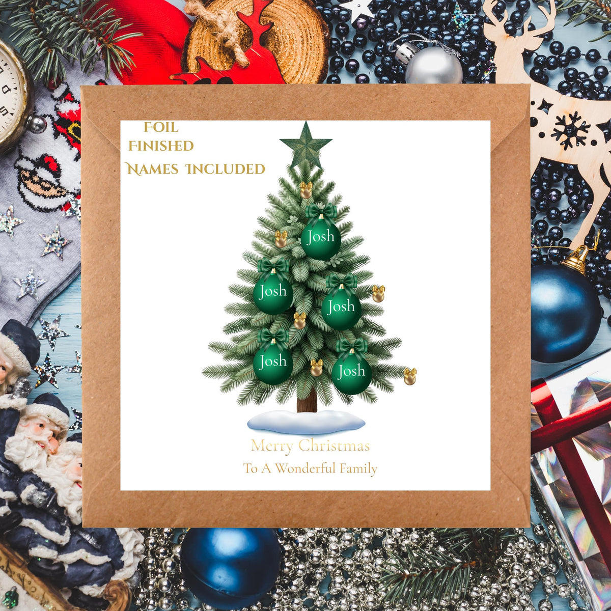 Custom Family Card with Foil Finish, Personalized Names for Holiday Greetings