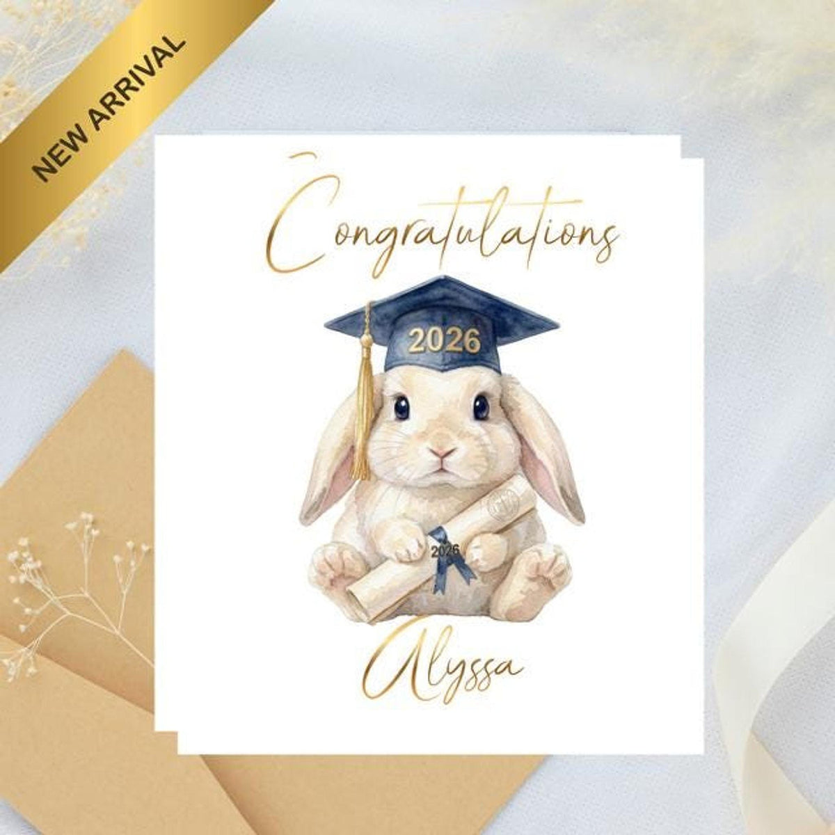 Custom Graduation Card with Bunny Illustration and Foil Finish Matching Gift Tag Available