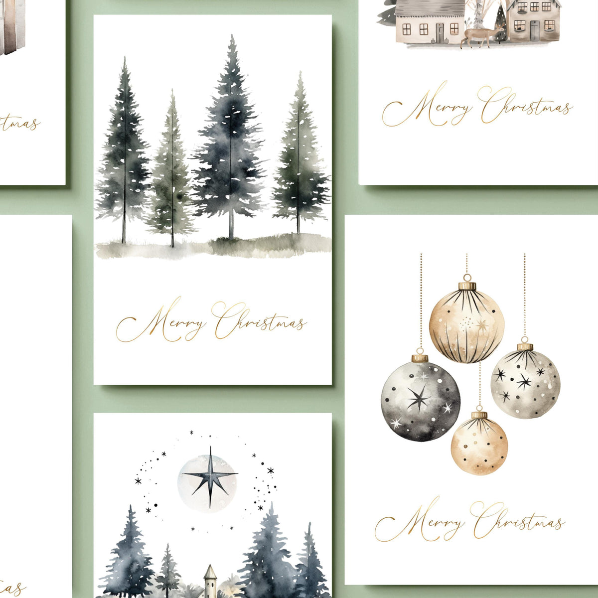 Foil Card Bundle, Six Paper Pieces with Scandinavian Evergreen Design