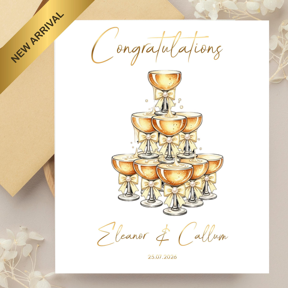 Custom Wedding Card with Foil Finish and Faux Pearls,  Names & Date Included
