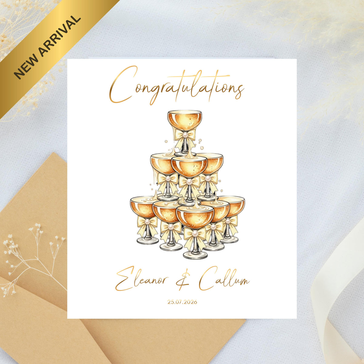 Custom Wedding Card with Foil Finish and Faux Pearls,  Names & Date Included