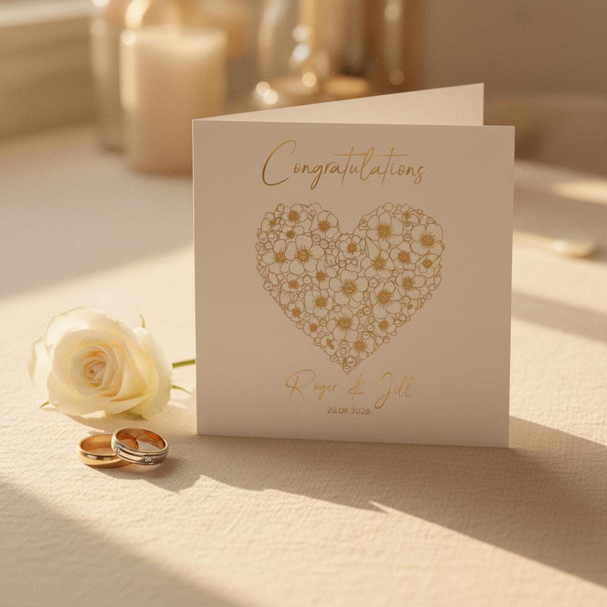 Personalized Wedding Card with Gold Foil Finish, Custom Names and Date