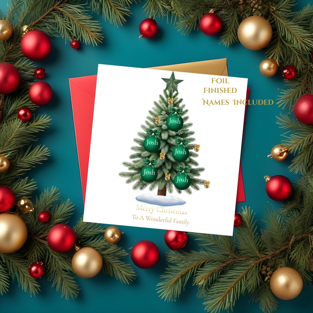Custom Family Card with Foil Finish, Personalized Names for Holiday Greetings
