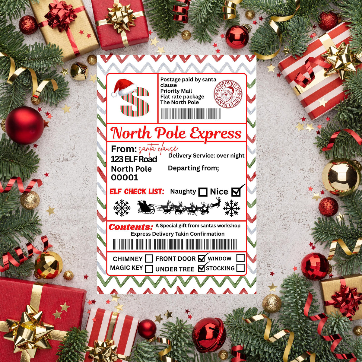 Gift Tag Stickers, Personalized Santa Design, 4 x 6 Inch Adhesive Labels