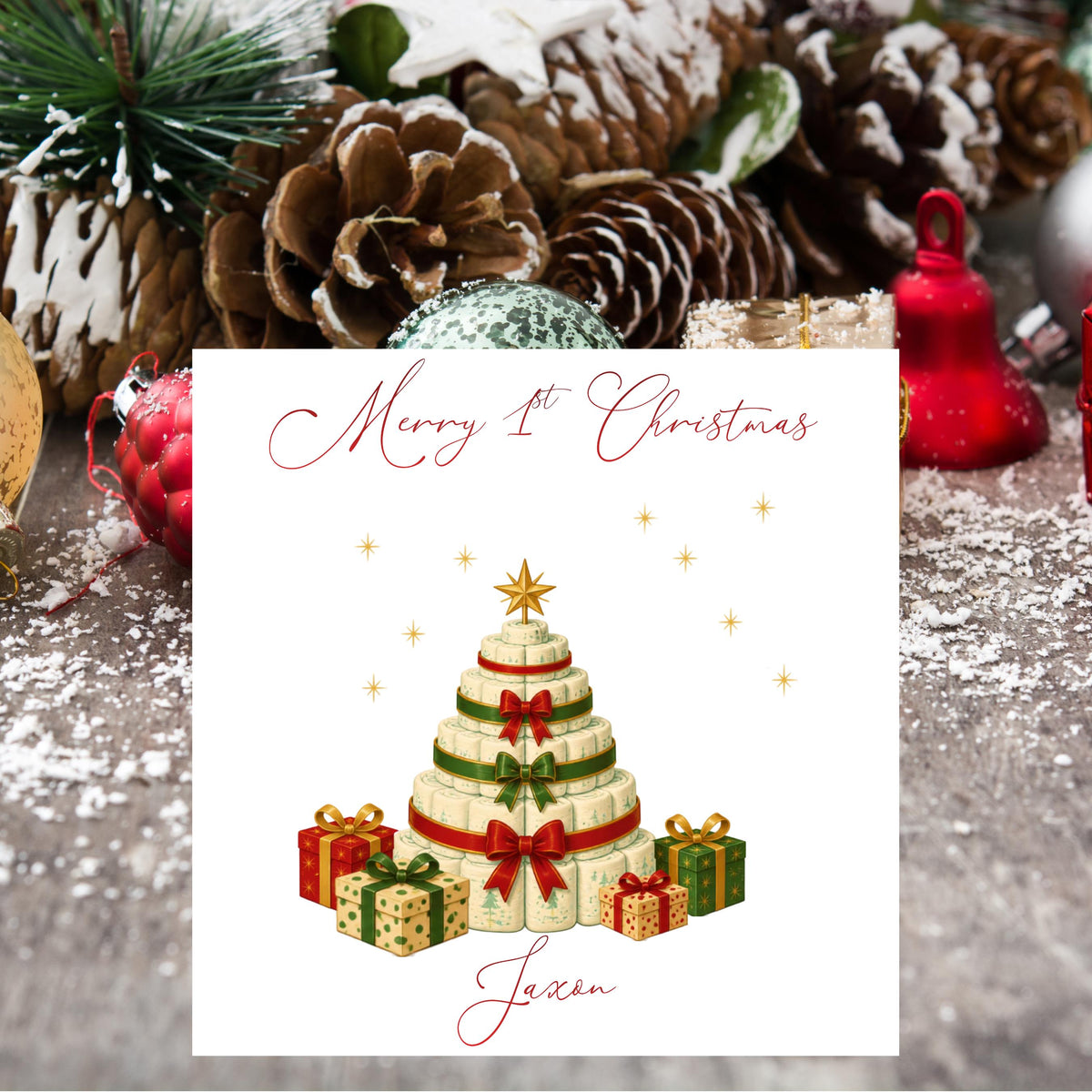 Personalised 1st Christmas Card, Custom Child Name 1st Greeting, Red Foil Finish