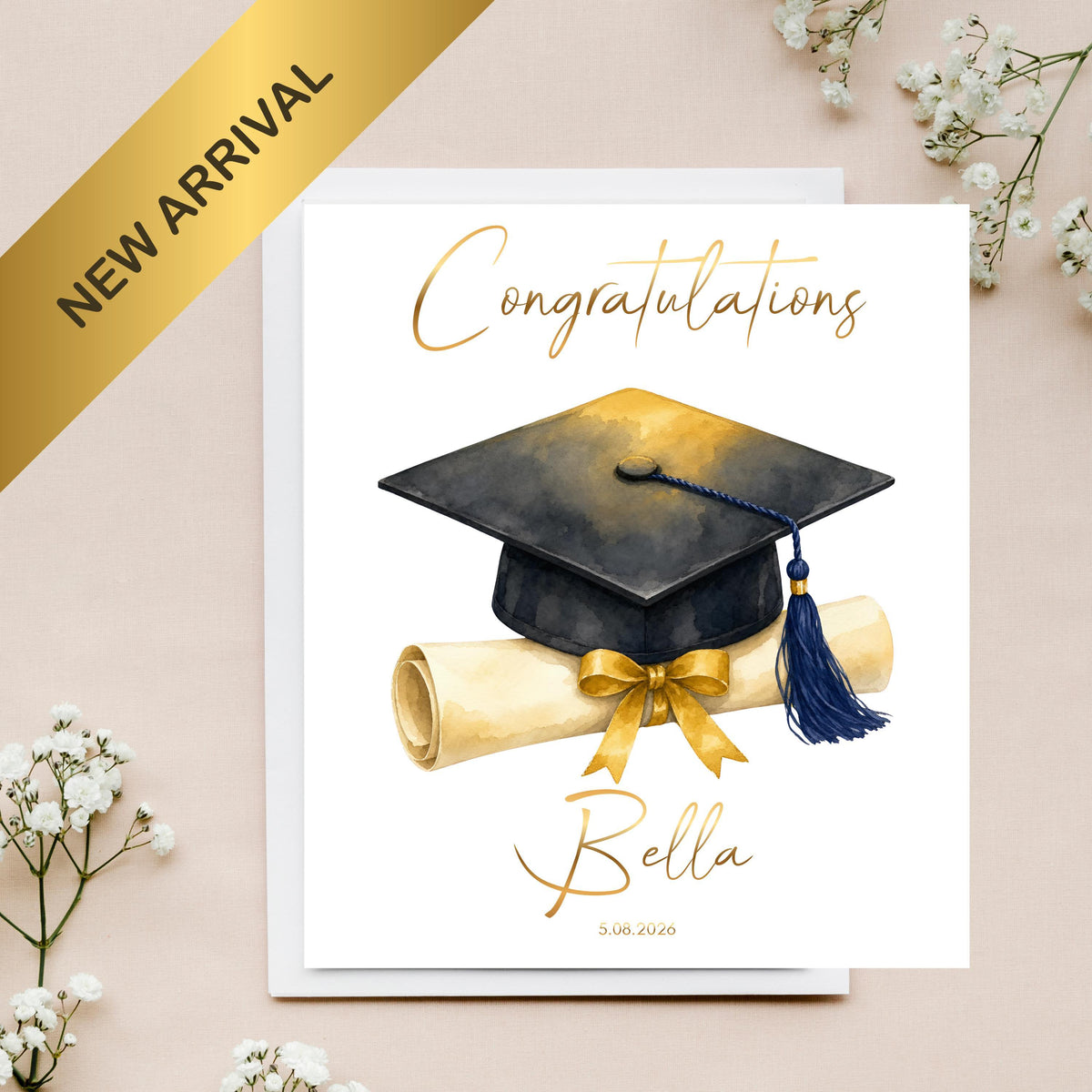Foil Graduation Card, Custom Name and Date Design for Celebrations