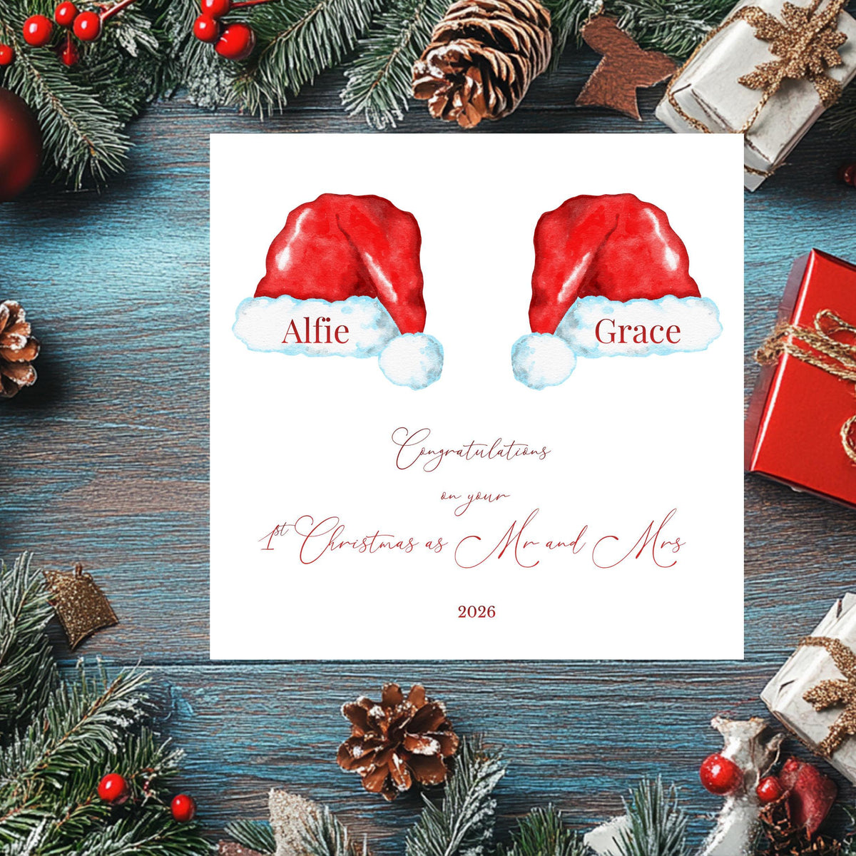 Personalised Mr And Mrs Card, First Christmas 2026 Santa Hat Design