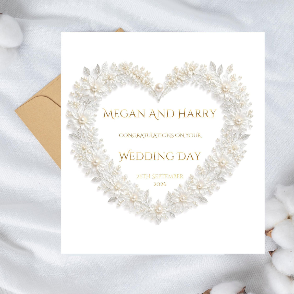 Custom Wedding Card with Foil Finish and Faux Pearl Accents