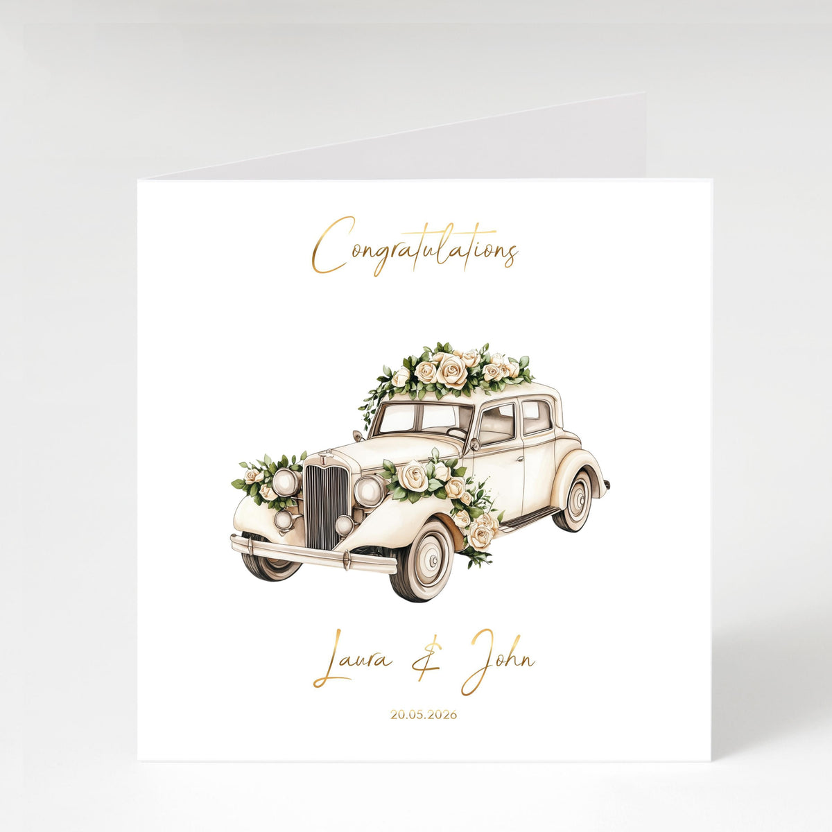 Personalised Vintage Wedding Card, Floral Car Design with Gold Foil