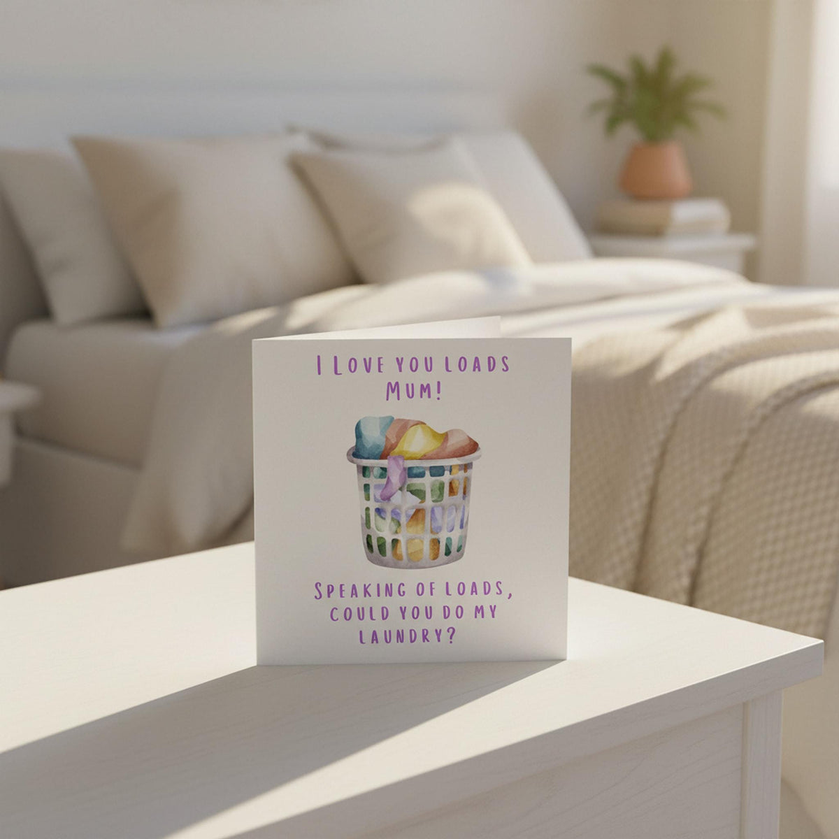 Humorous Laundry Card for Mum, Colorful Basket Illustration, Blank Inside