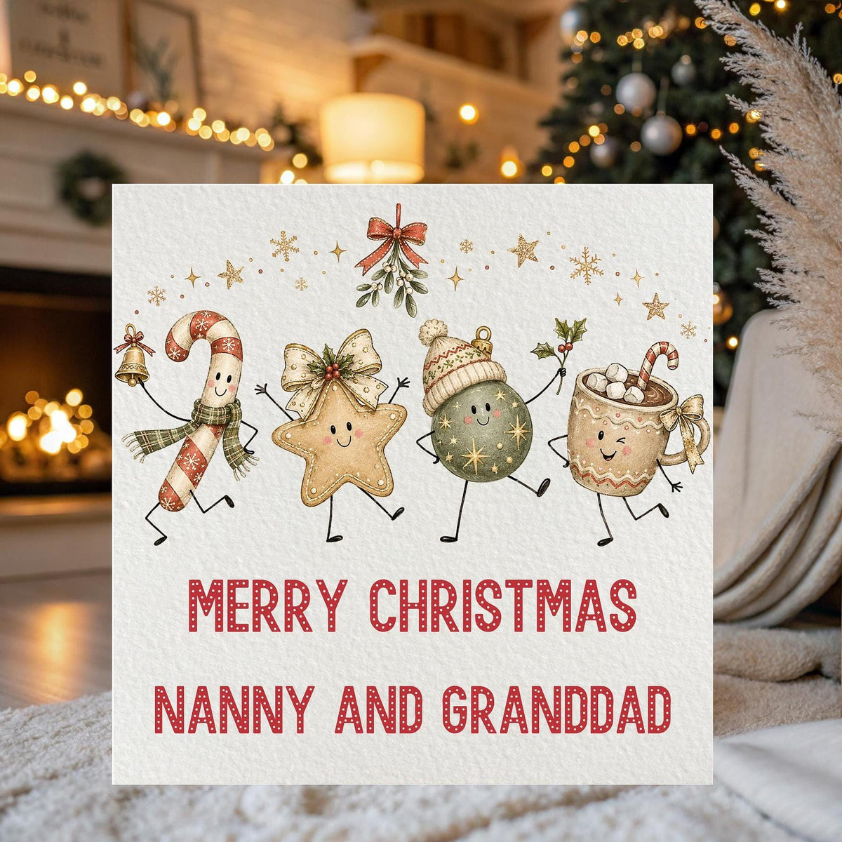 Personalized Family Christmas Card, Illustrated Holiday Scene with Names, 6x6 Paper And Cardstock