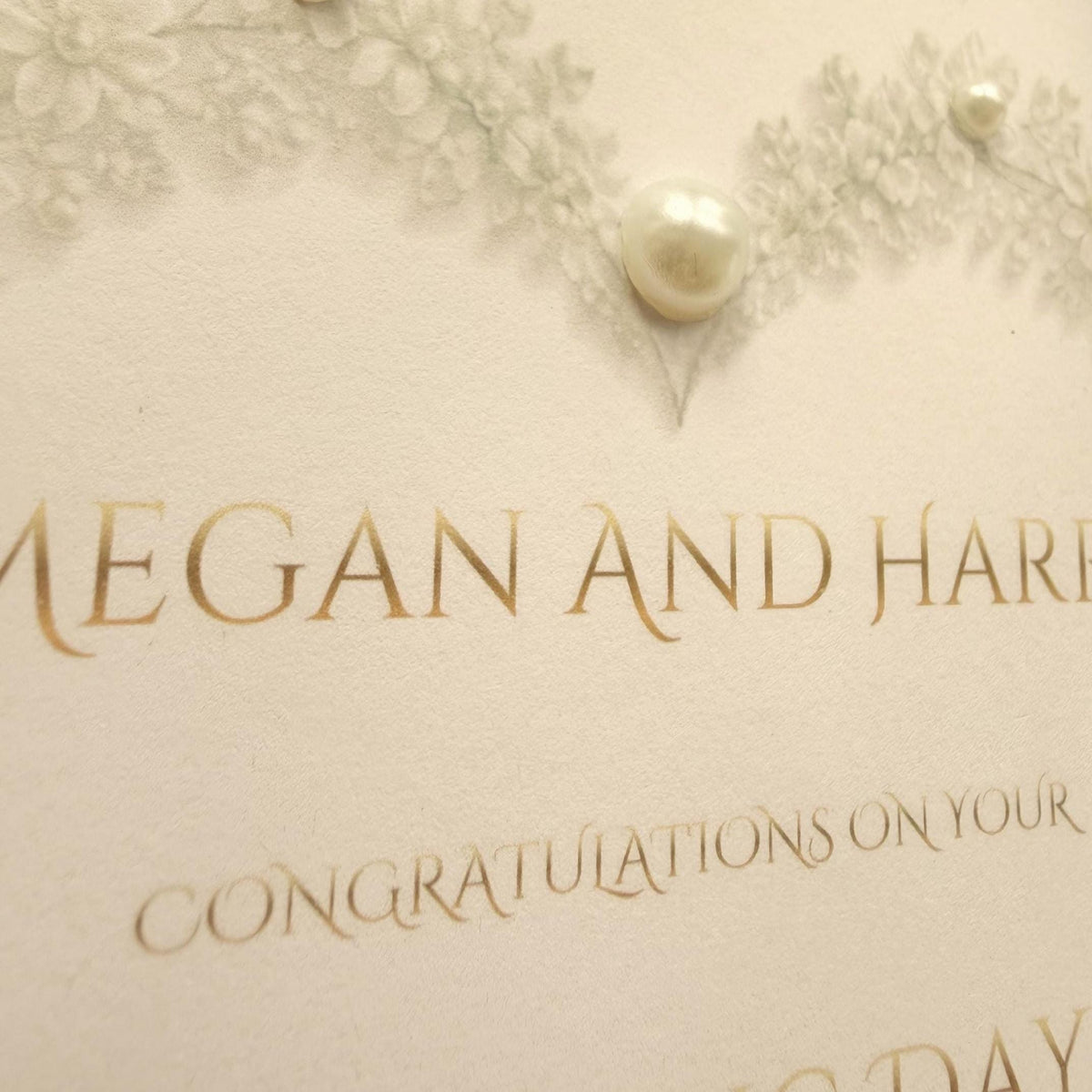 Custom Wedding Card with Foil Finish and Faux Pearl Accents