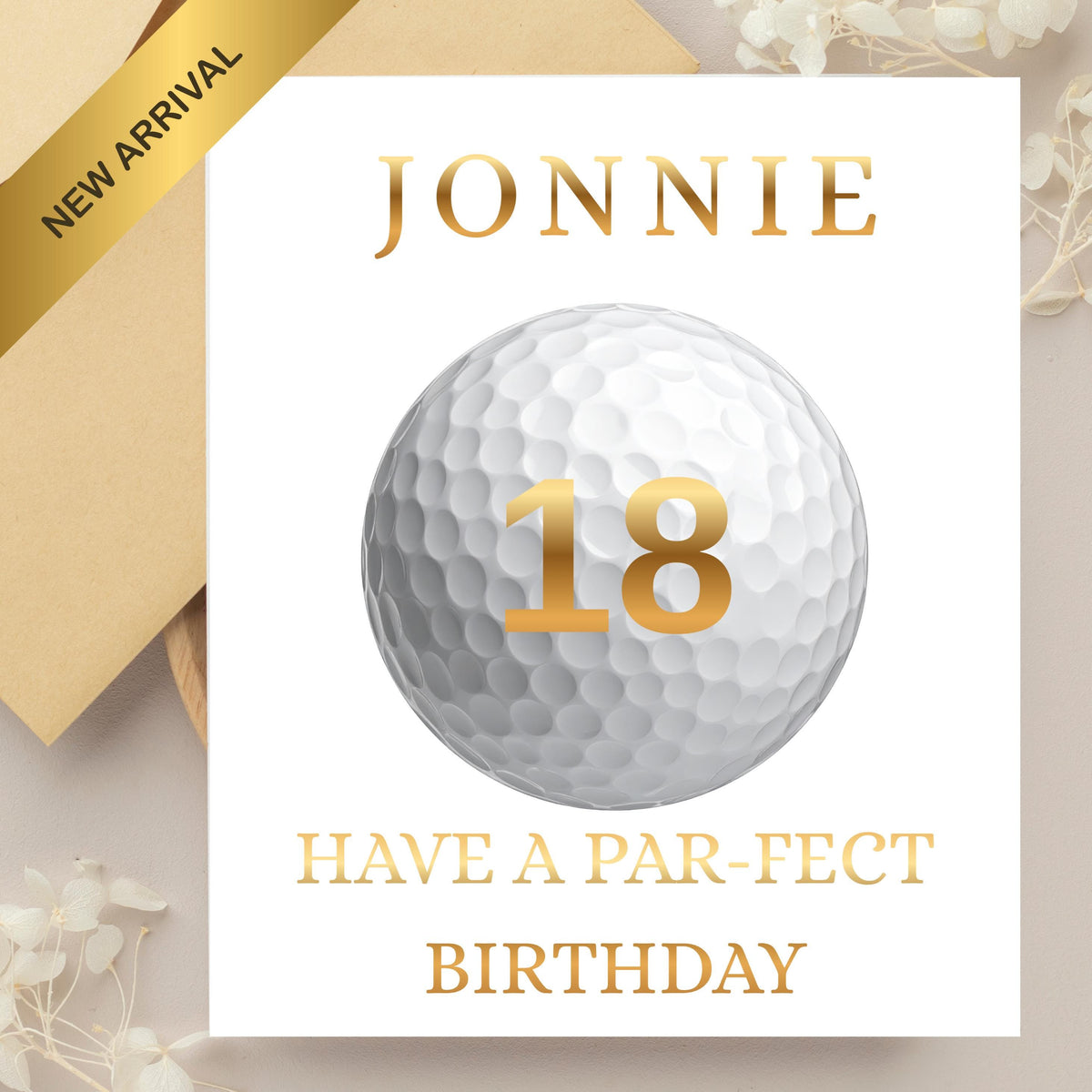Golf Birthday Card, Custom Name with Foiled Finish