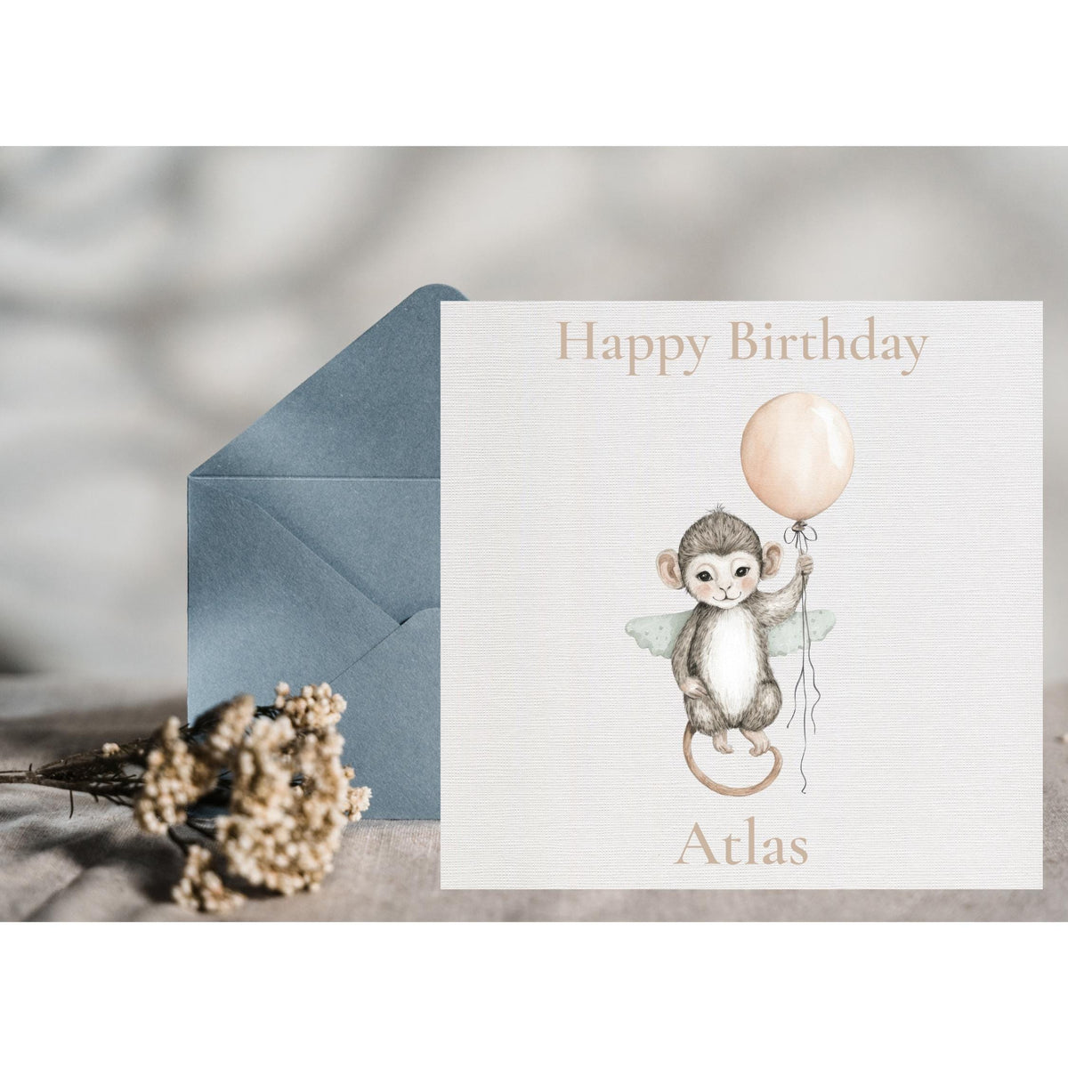 Personalised Baby Monkey Birthday Card | First 1st Celebration, Kids, Zoo Animal with Balloon, Custom