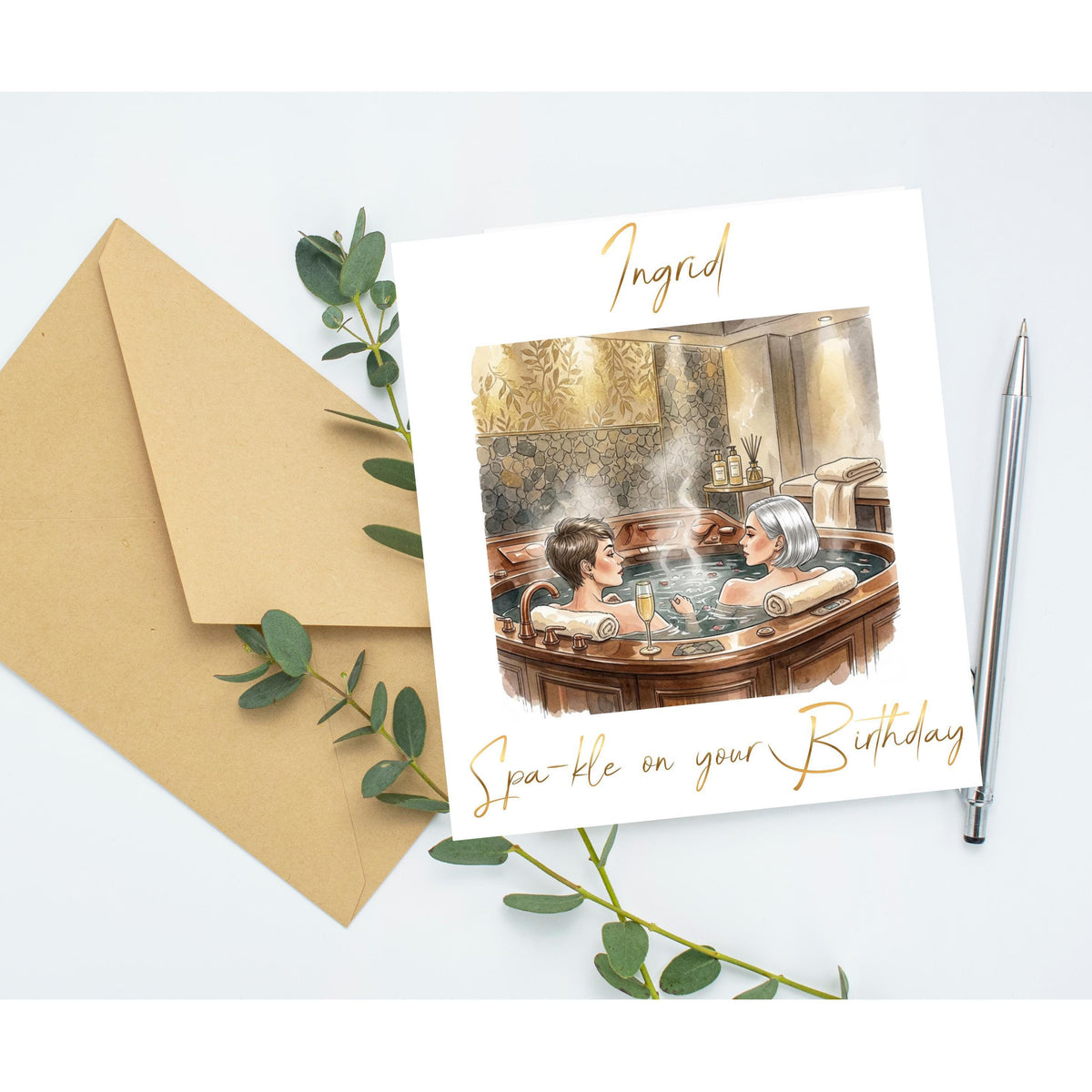 Spa Birthday Card with Foiled Name, Personalized Luxury Greeting for Spa Lovers