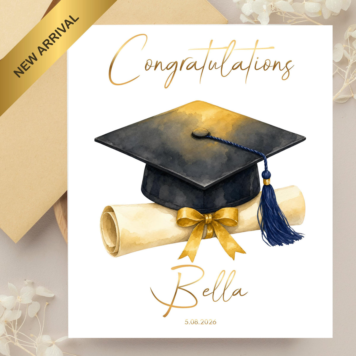 Foil Graduation Card, Custom Name and Date Design for Celebrations