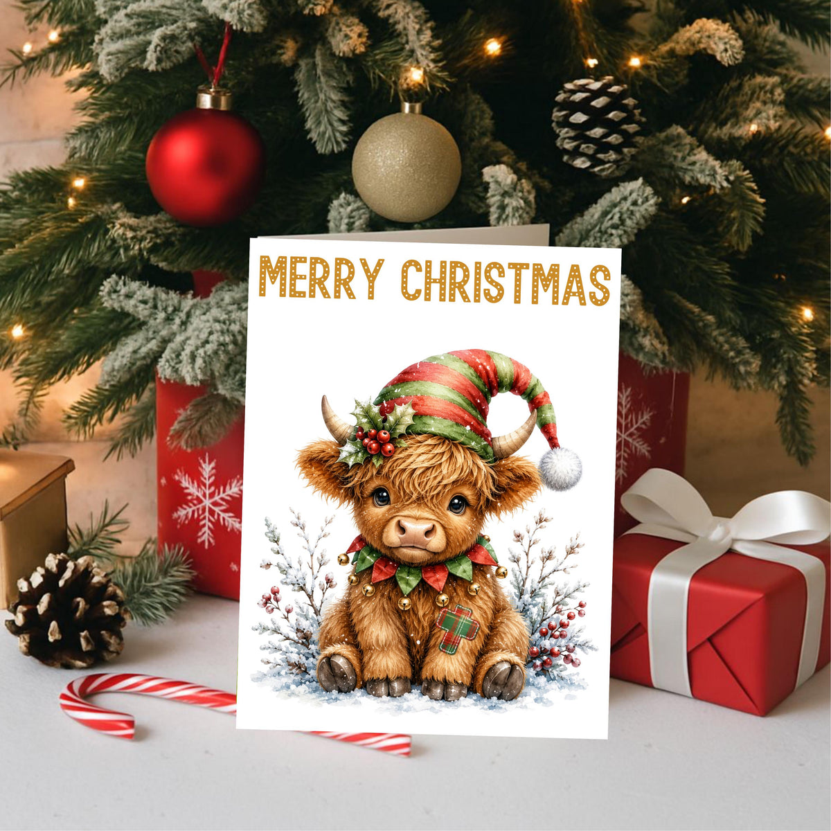 Christmas Card Set, Six Highland Cow Designs, 3 x 6 Inch Glossy Cardstock
