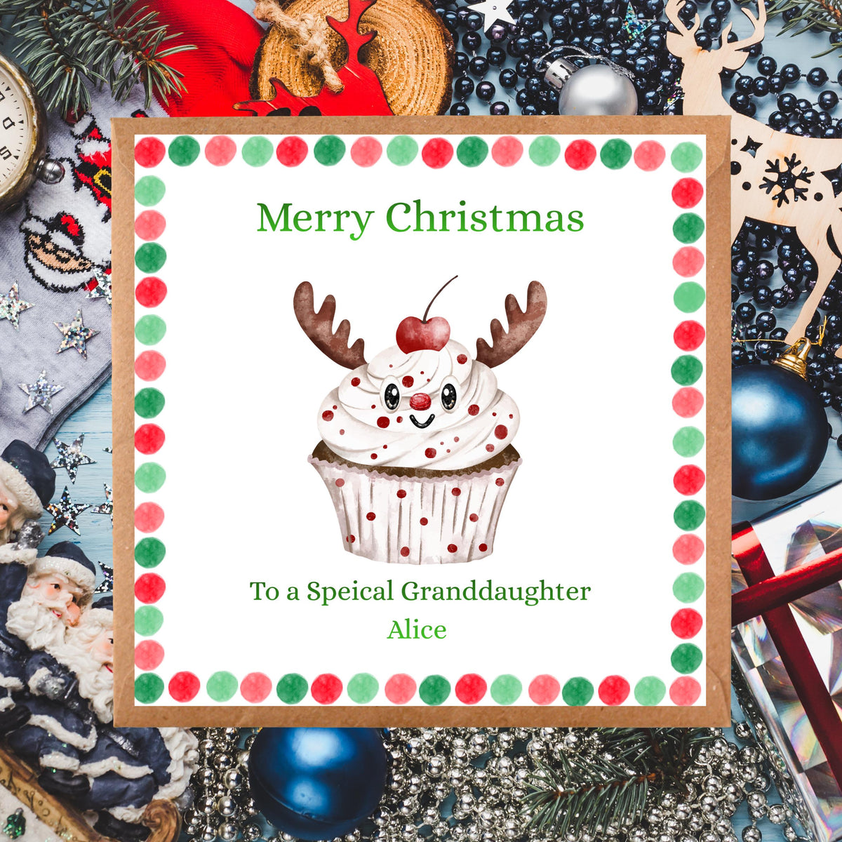Personalized Card, Christmas Reindeer Cupcake Design with Seven Foil Colours