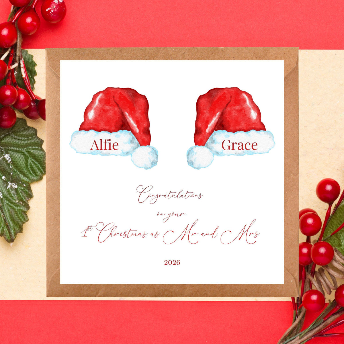 Personalised Mr And Mrs Card, First Christmas 2026 Santa Hat Design