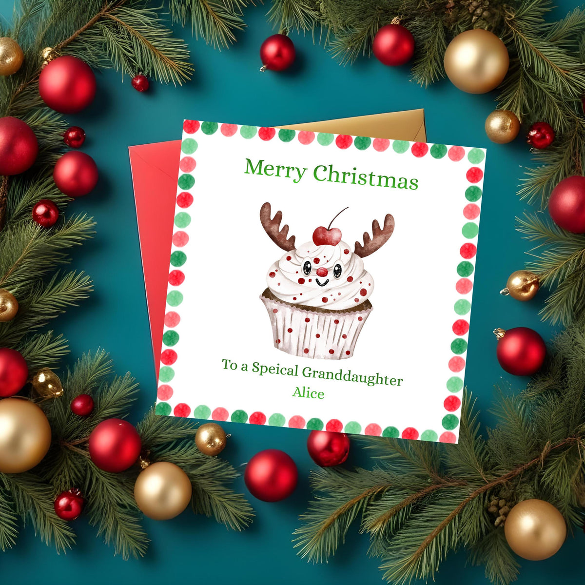 Personalized Card, Christmas Reindeer Cupcake Design with Seven Foil Colours