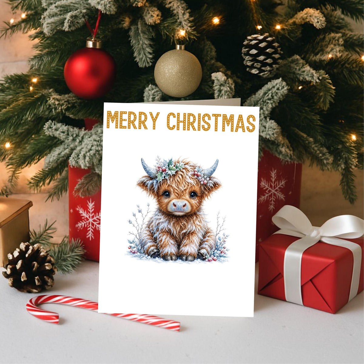Christmas Card Set, Six Highland Cow Designs, 3 x 6 Inch Glossy Cardstock