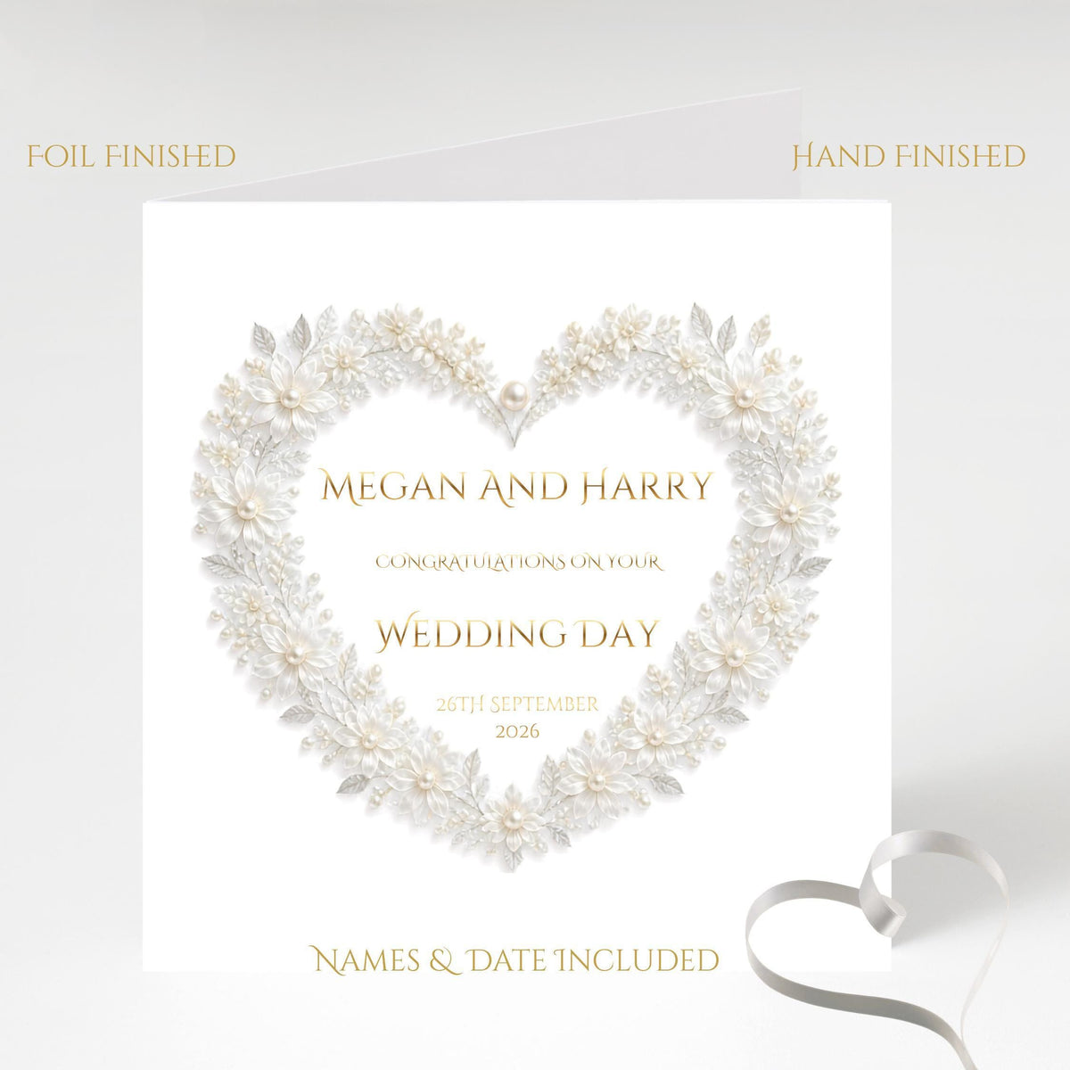 Custom Wedding Card with Foil Finish and Faux Pearl Accents