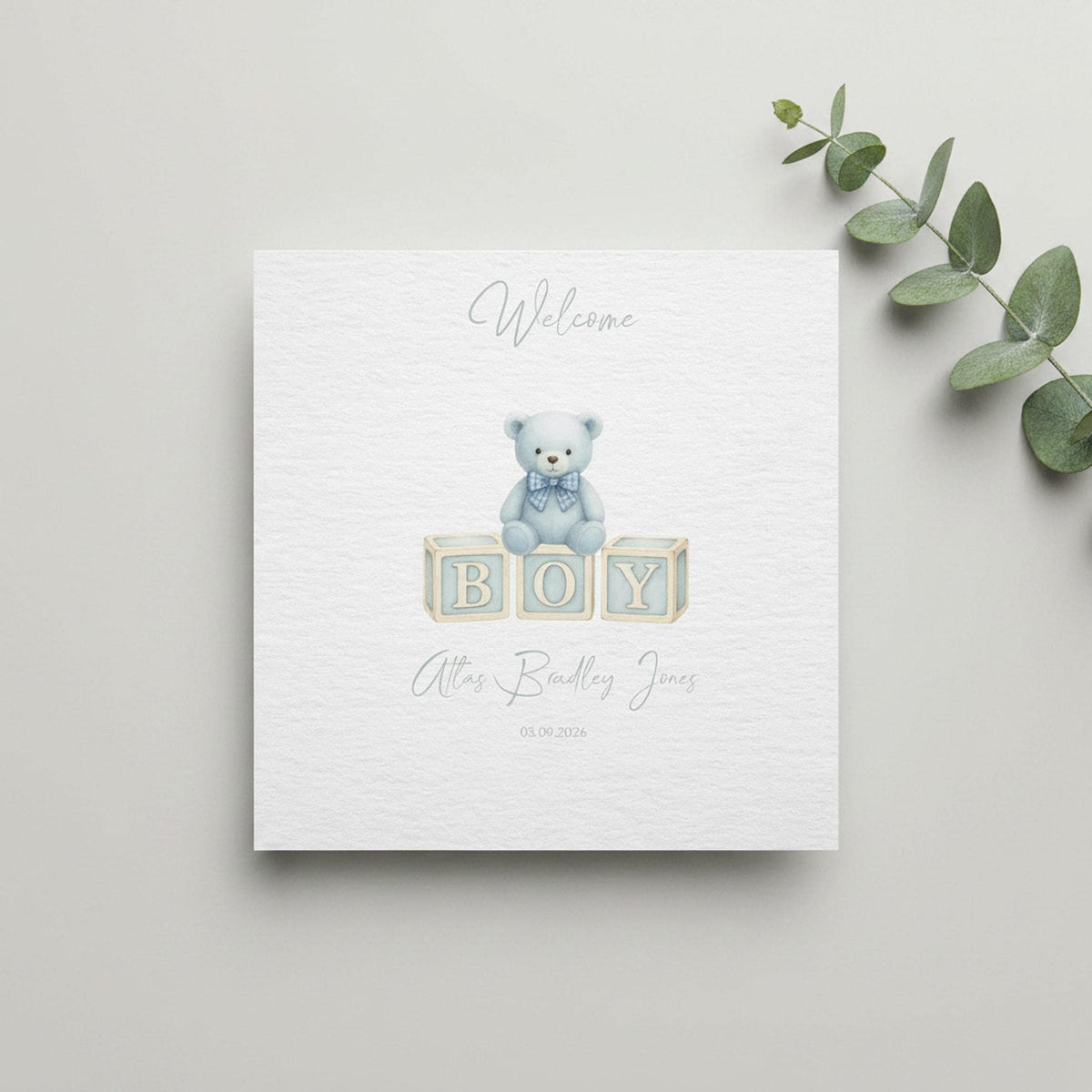 Name And Date Card, Personalized Newborn Keepsake with Teddy Bear