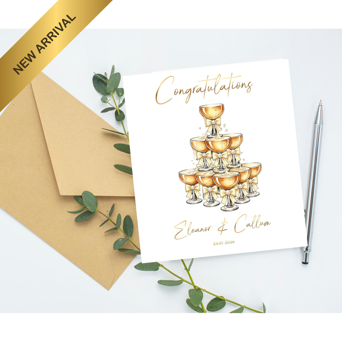 Custom Wedding Card with Foil Finish and Faux Pearls,  Names & Date Included