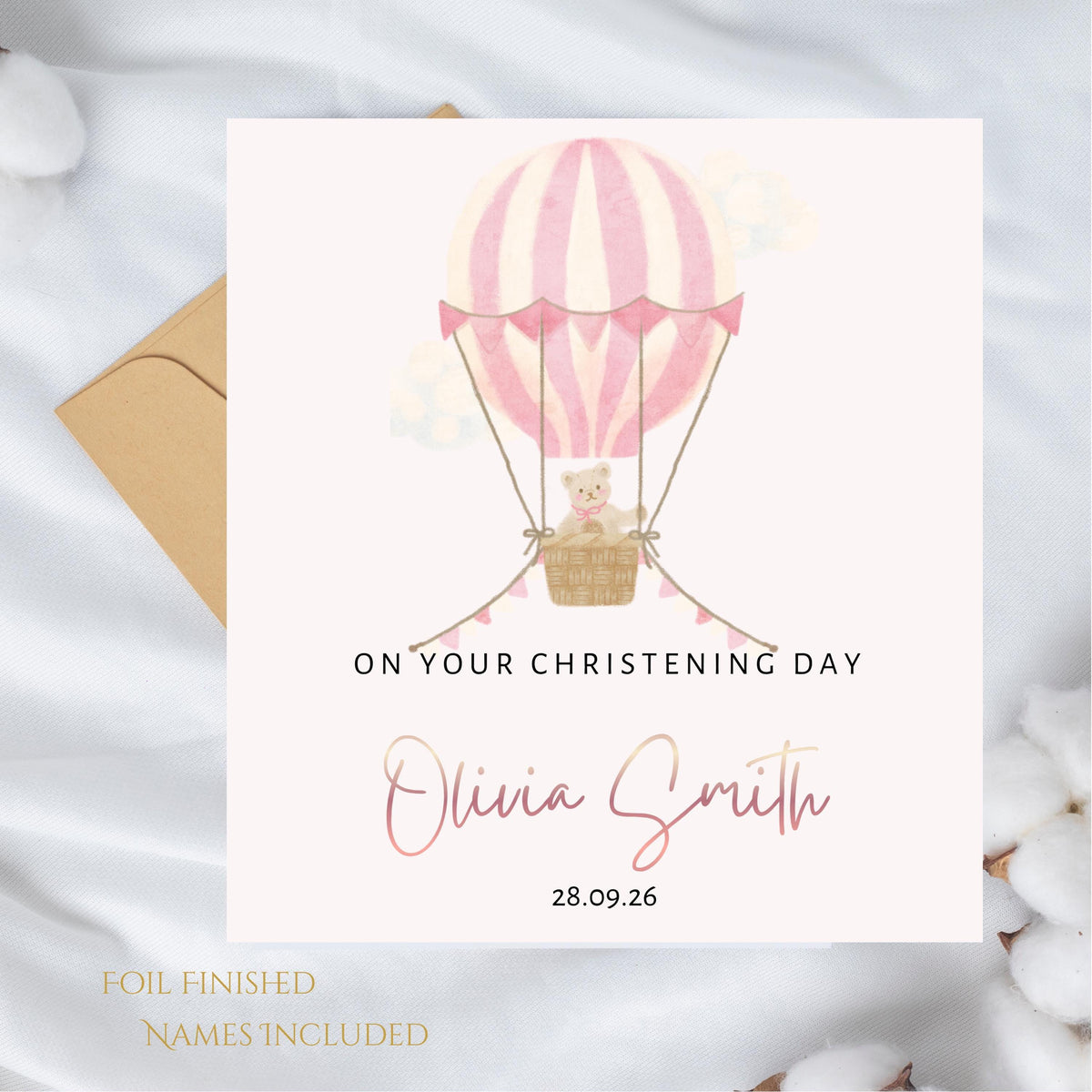 Christening Card with Rose Gold Foil Name, Hot Air Balloon Design