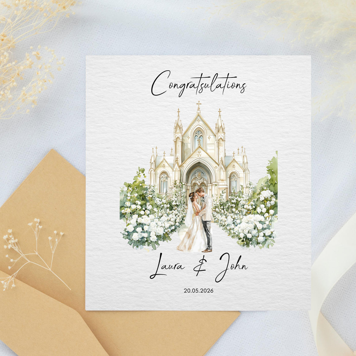 Custom Wedding Card with Couple's Names and Date, Floral Church Design
