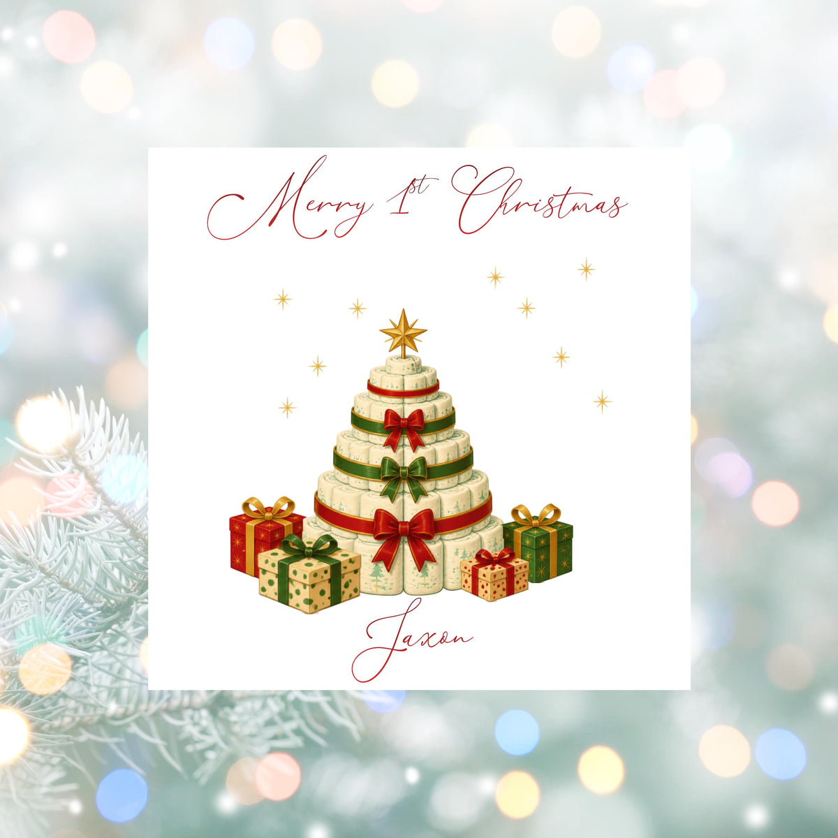 Personalised 1st Christmas Card, Custom Child Name 1st Greeting, Red Foil Finish