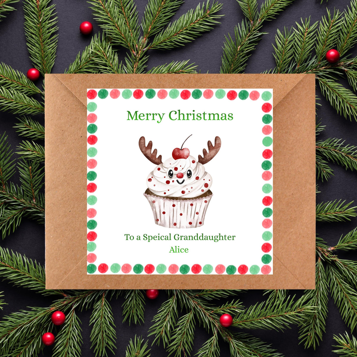 Personalized Card, Christmas Reindeer Cupcake Design with Seven Foil Colours
