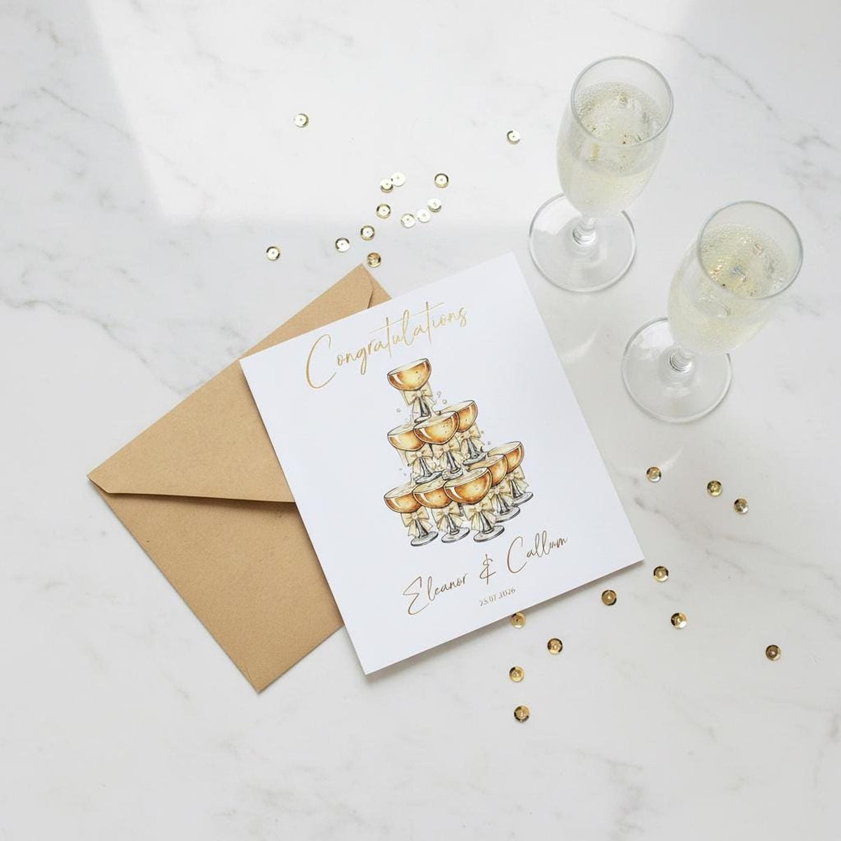 Custom Wedding Card with Foil Finish and Faux Pearls,  Names & Date Included