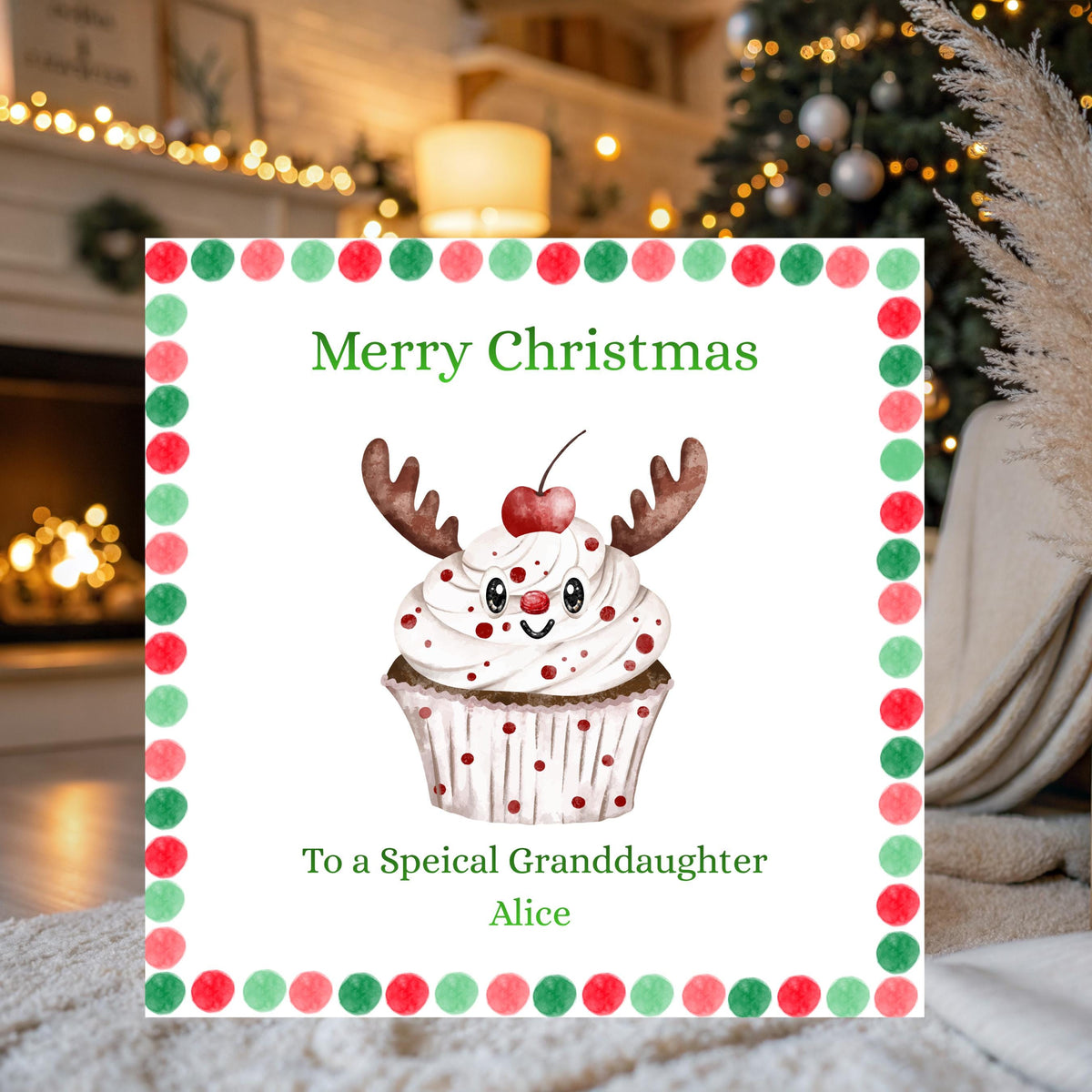 Personalized Card, Christmas Reindeer Cupcake Design with Seven Foil Colours