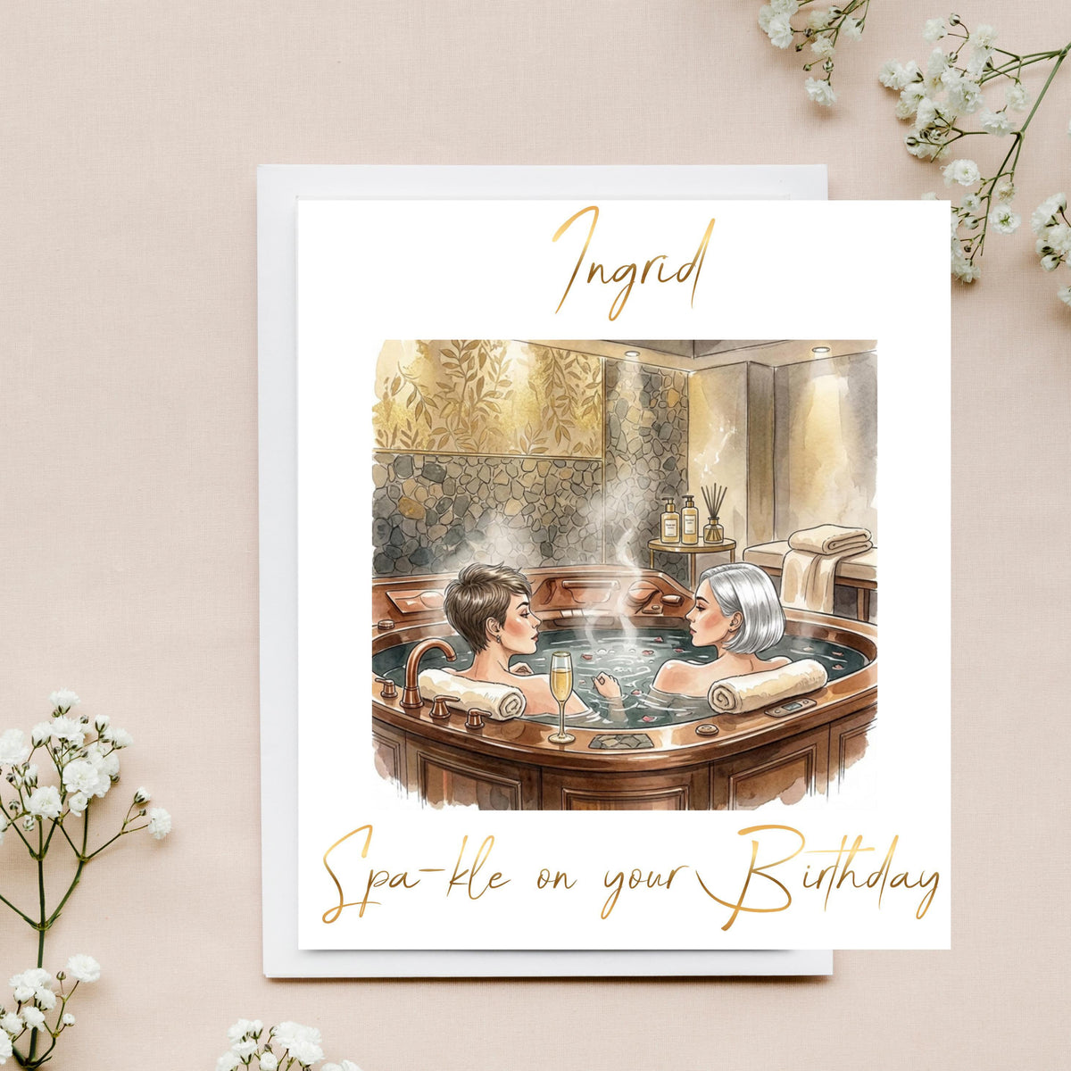 Spa Birthday Card with Foiled Name, Personalized Luxury Greeting for Spa Lovers