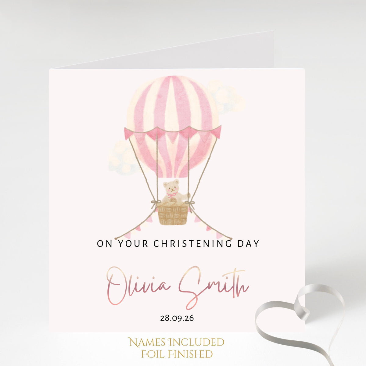 Christening Card with Rose Gold Foil Name, Hot Air Balloon Design