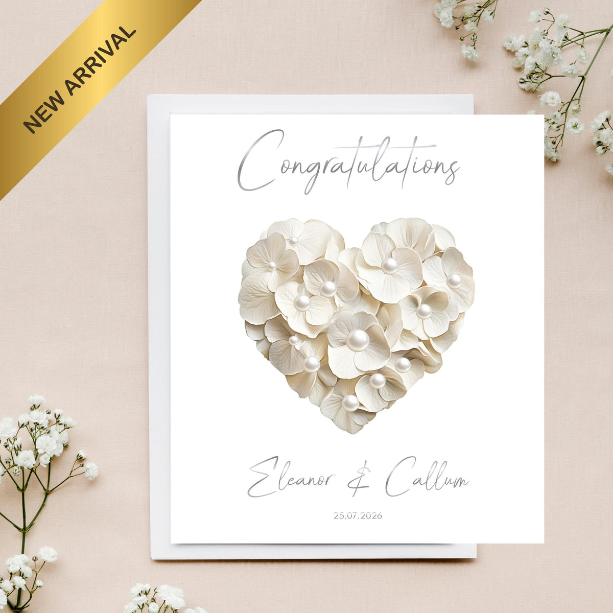 Custom Wedding Card, Gold Foil, Faux Pearls, Names and Date Included