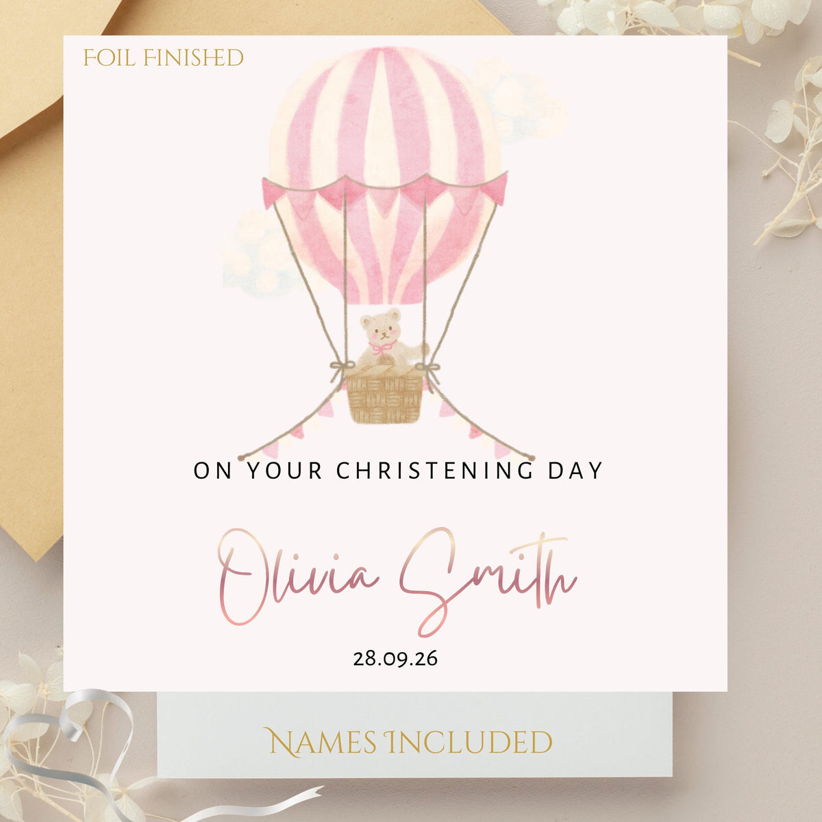 Christening Card with Rose Gold Foil Name, Hot Air Balloon Design