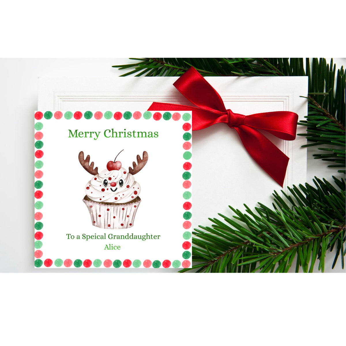 Personalized Card, Christmas Reindeer Cupcake Design with Seven Foil Colours