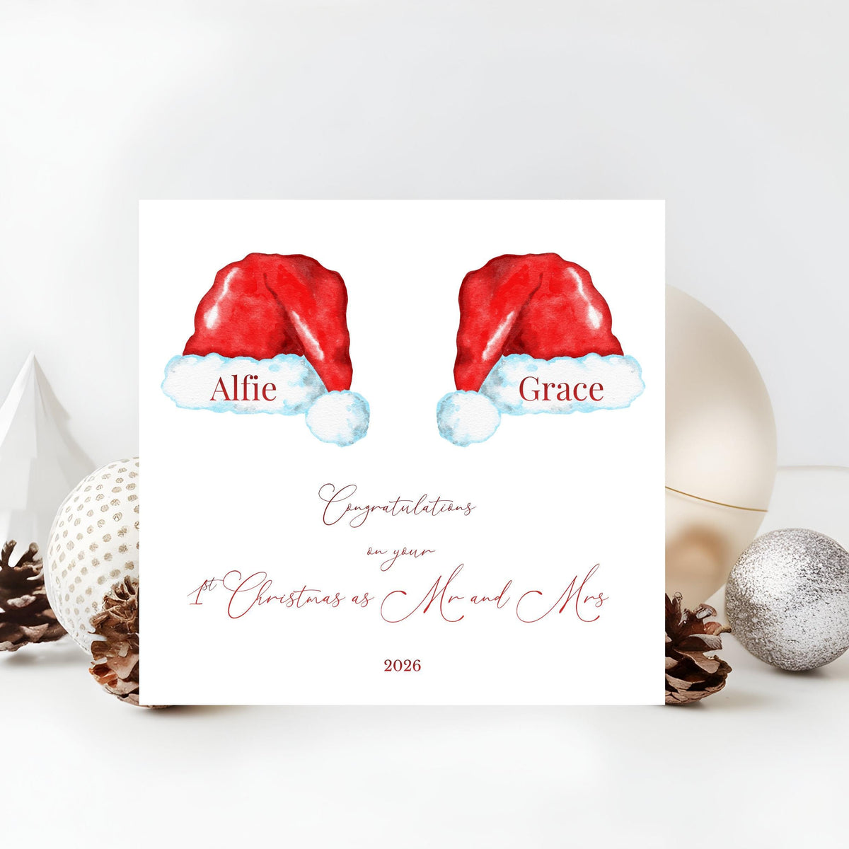 Personalised Mr And Mrs Card, First Christmas 2026 Santa Hat Design