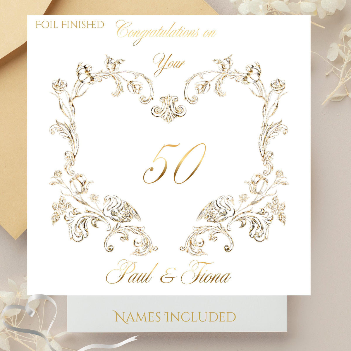 Golden Anniversary Card with Gold Foil Design, Personalised Luxury Keepsake