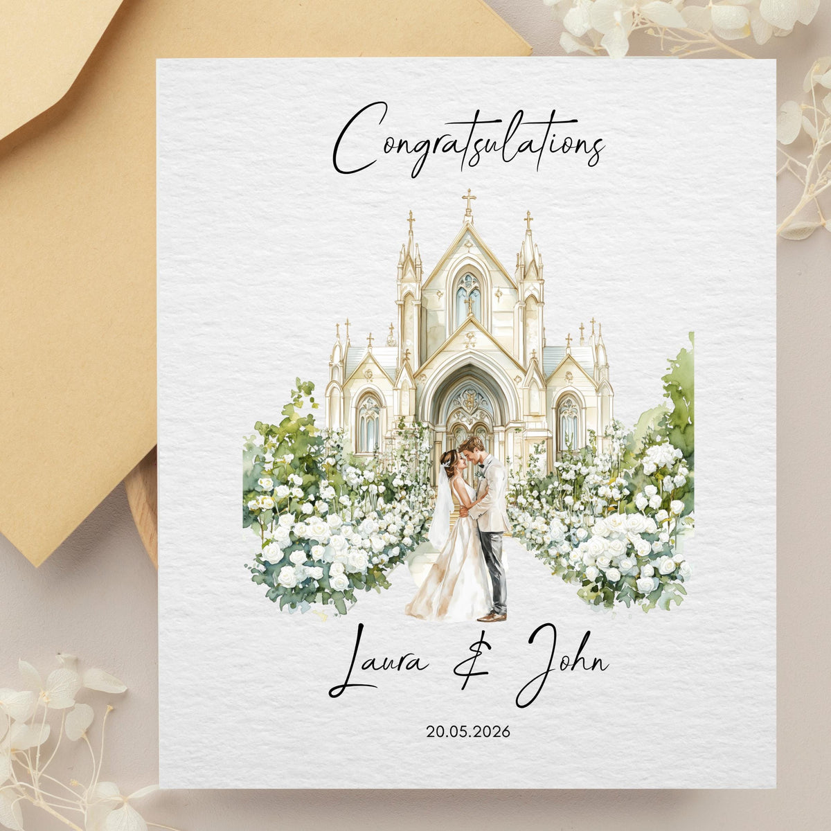 Custom Wedding Card with Couple's Names and Date, Floral Church Design