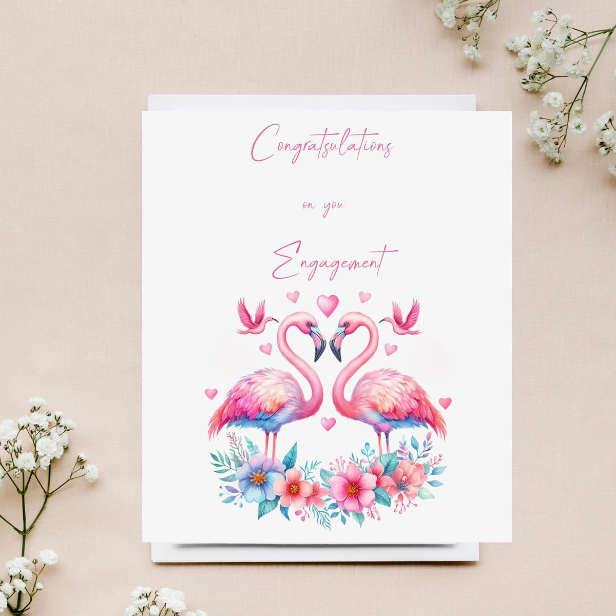 Engagement Card with Pink Flamingos, 6 x 6 Handwritten Style Design