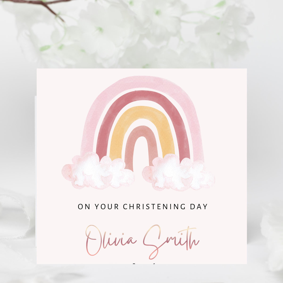 Personalised Rainbow Girls Christening Card with Rose Gold Name Custom Date