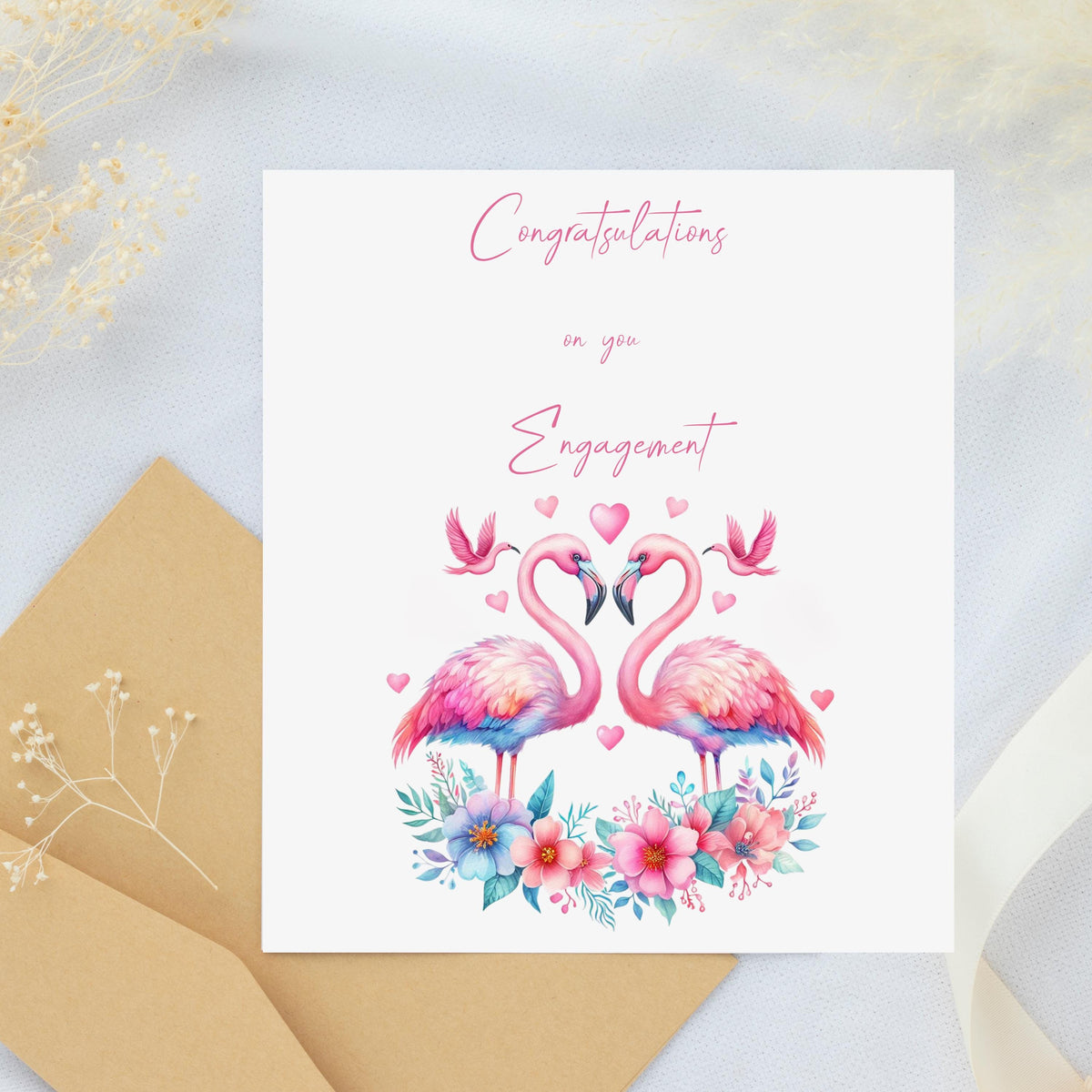 Engagement Card with Pink Flamingos, 6 x 6 Handwritten Style Design