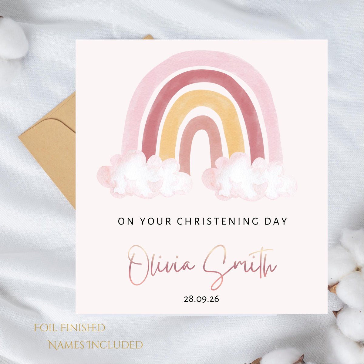 Personalised Rainbow Girls Christening Card with Rose Gold Name Custom Date