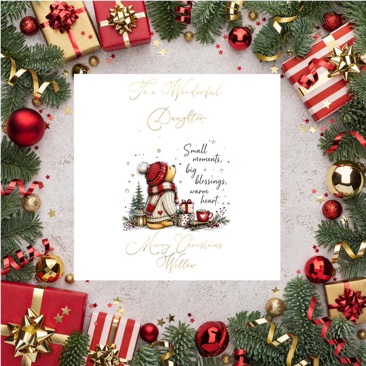Christmas Card, Personalised Foil Finish with Festive Teddy Bear