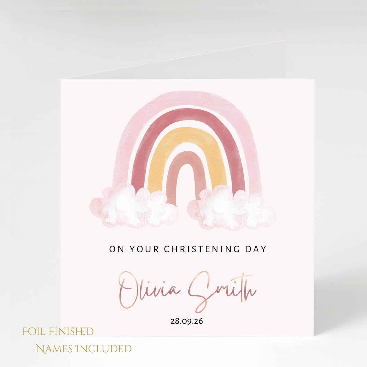 Personalised Rainbow Girls Christening Card with Rose Gold Name Custom Date