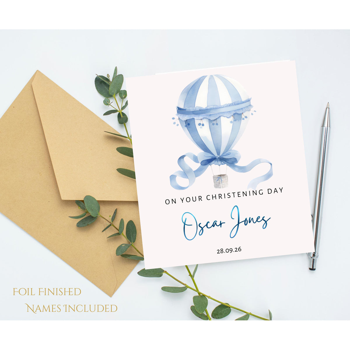 Personalised Boys Christening Card with Foil Finish and Custom Date
