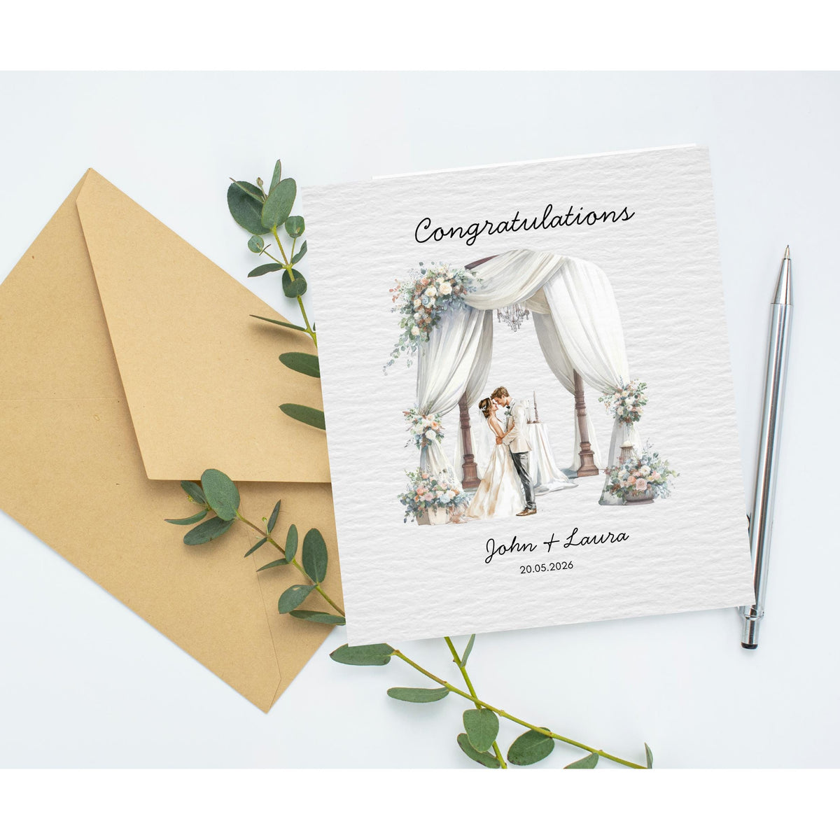 Custom Wedding Card with Floral Watercolour Design, Personalized Names and Date
